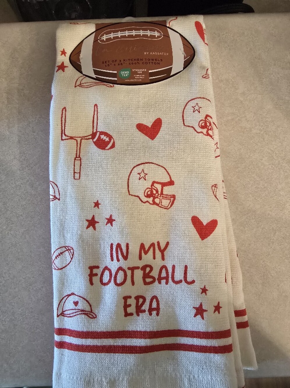 Kassatex White Kitchen Towel with Red Football Motif